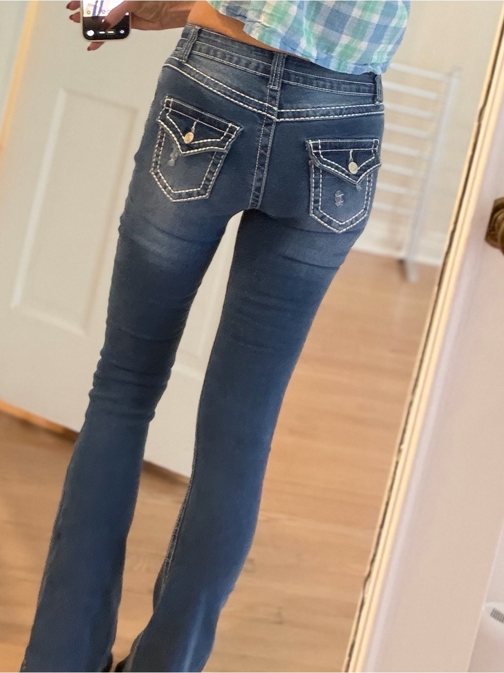 BAMBOO Women's Dark Blue Jeans with Contrast Stitching and slight flare